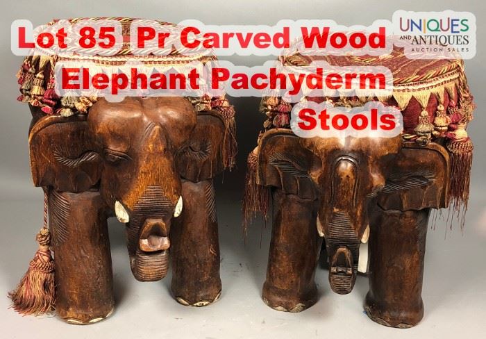 Lot 85 Pr Carved Wood Elephant Pachyderm Stools. Figural