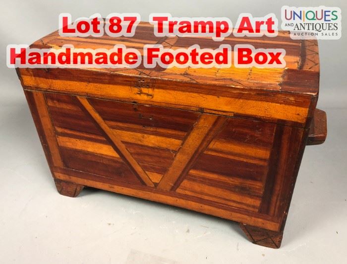 Lot 87 Tramp Art Handmade Footed Box. Folk art chest. Pi