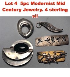 Lot 4 5pc Modernist Mid Century Jewelry. 4 sterling sil