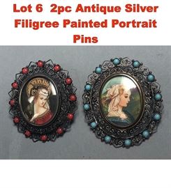 Lot 6 2pc Antique Silver Filigree Painted Portrait Pins