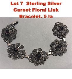 Lot 7 Sterling Silver Garnet Floral Link Bracelet. 5 la