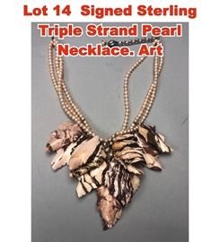 Lot 14 Signed Sterling Triple Strand Pearl Necklace. Art