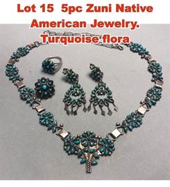 Lot 15 5pc Zuni Native American Jewelry. Turquoise flora
