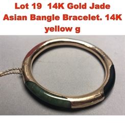 Lot 19 14K Gold Jade Asian Bangle Bracelet. 14K yellow g