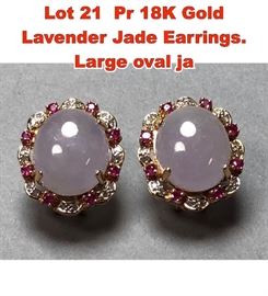 Lot 21 Pr 18K Gold Lavender Jade Earrings. Large oval ja