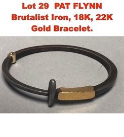Lot 29 PAT FLYNN Brutalist Iron, 18K, 22K Gold Bracelet.