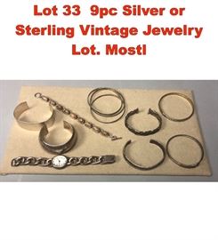 Lot 33 9pc Silver or Sterling Vintage Jewelry Lot. Mostl