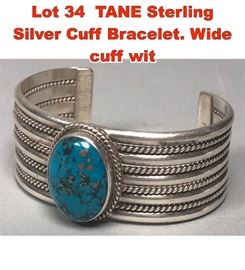 Lot 34 TANE Sterling Silver Cuff Bracelet. Wide cuff wit