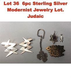 Lot 36 6pc Sterling Silver Modernist Jewelry Lot. Judaic