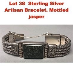 Lot 38 Sterling Silver Artisan Bracelet. Mottled jasper