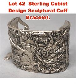 Lot 42 Sterling Cubist Design Sculptural Cuff Bracelet.
