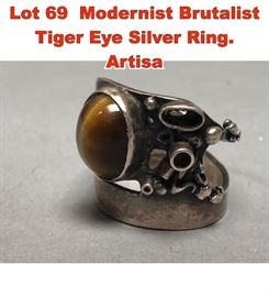 Lot 69 Modernist Brutalist Tiger Eye Silver Ring. Artisa