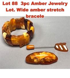 Lot 88 3pc Amber Jewelry Lot. Wide amber stretch bracele