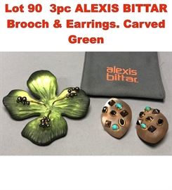 Lot 90 3pc ALEXIS BITTAR Brooch Earrings. Carved Green