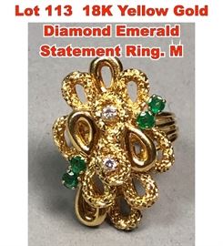 Lot 113 18K Yellow Gold Diamond Emerald Statement Ring. M