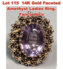 Lot 115 14K Gold Faceted Amethyst Ladies Ring. Fancy deco