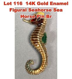 Lot 116 14K Gold Enamel Figural Seahorse Sea Horse Pin Br