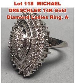 Lot 118 MICHAEL DRESCHLER 14K Gold Diamond Ladies Ring. A