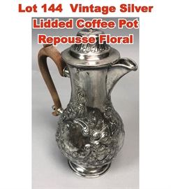 Lot 144 Vintage Silver Lidded Coffee Pot Repousse Floral