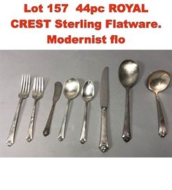 Lot 157 44pc ROYAL CREST Sterling Flatware. Modernist flo