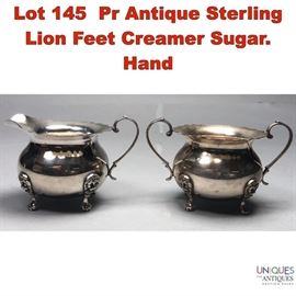 Lot 145 Pr Antique Sterling Lion Feet Creamer Sugar. Hand