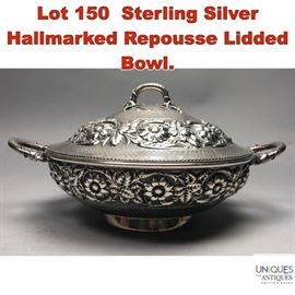 Lot 150 Sterling Silver Hallmarked Repousse Lidded Bowl.