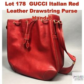 Lot 178 GUCCI Italian Red Leather Drawstring Purse Hand B