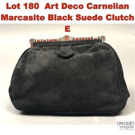 Lot 180 Art Deco Carnelian Marcasite Black Suede Clutch E