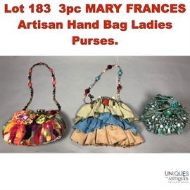 Lot 183 3pc MARY FRANCES Artisan Hand Bag Ladies Purses.