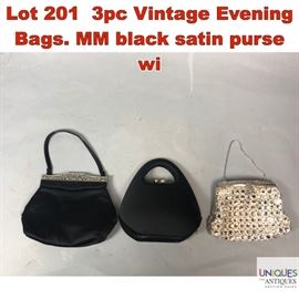 Lot 201 3pc Vintage Evening Bags. MM black satin purse wi