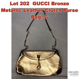 Lot 202 GUCCI Bronze Metallic Leather Clutch Purse Bag. G