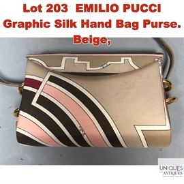 Lot 203 EMILIO PUCCI Graphic Silk Hand Bag Purse. Beige,