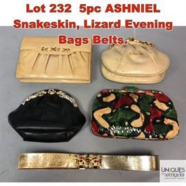 Lot 232 5pc ASHNIEL Snakeskin, Lizard Evening Bags Belts.