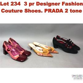 Lot 234 3 pr Designer Fashion Couture Shoes. PRADA 2 tone
