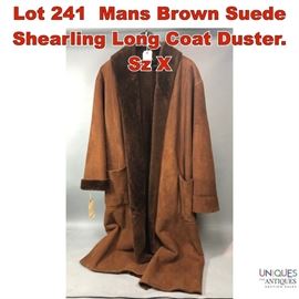 Lot 241 Mans Brown Suede Shearling Long Coat Duster. Sz X
