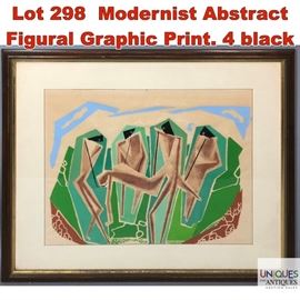 Lot 298 Modernist Abstract Figural Graphic Print. 4 black