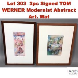 Lot 303 2pc Signed TOM WERNER Modernist Abstract Art. Wat
