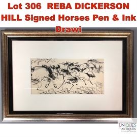 Lot 306 REBA DICKERSON HILL Signed Horses Pen Ink Drawi