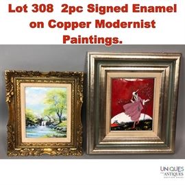 Lot 308 2pc Signed Enamel on Copper Modernist Paintings.