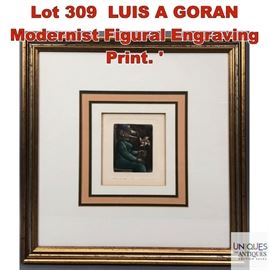 Lot 309 LUIS A GORAN Modernist Figural Engraving Print.