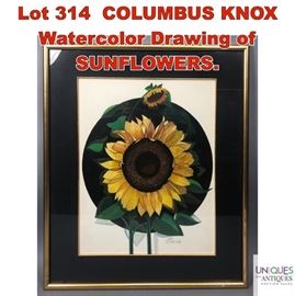 Lot 314 COLUMBUS KNOX Watercolor Drawing of SUNFLOWERS.