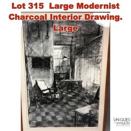 Lot 315 Large Modernist Charcoal Interior Drawing. Large