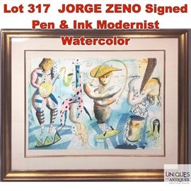 Lot 317 JORGE ZENO Signed Pen Ink Modernist Watercolor