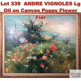 Lot 339 ANDRE VIGNOLES Lg Oil on Canvas Poppy Flower Fiel
