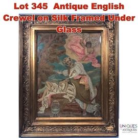 Lot 345 Antique English Crewel on Silk Framed Under Glass