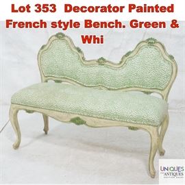 Lot 353 Decorator Painted French style Bench. Green Whi