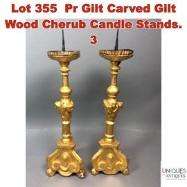 Lot 355 Pr Gilt Carved Gilt Wood Cherub Candle Stands. 3