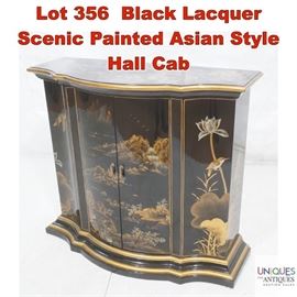 Lot 356 Black Lacquer Scenic Painted Asian Style Hall Cab