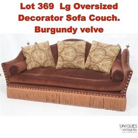 Lot 369 Lg Oversized Decorator Sofa Couch. Burgundy velve