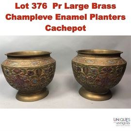 Lot 376 Pr Large Brass Champleve Enamel Planters Cachepot